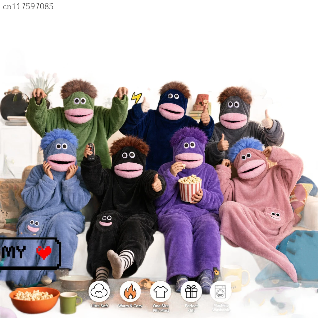Funny Cute Big Mouth Monster Hooded Soft Cotton Fleece Hoodie-Blanket Winter Thickened Coral Fleece Homewear For Couples Pajama