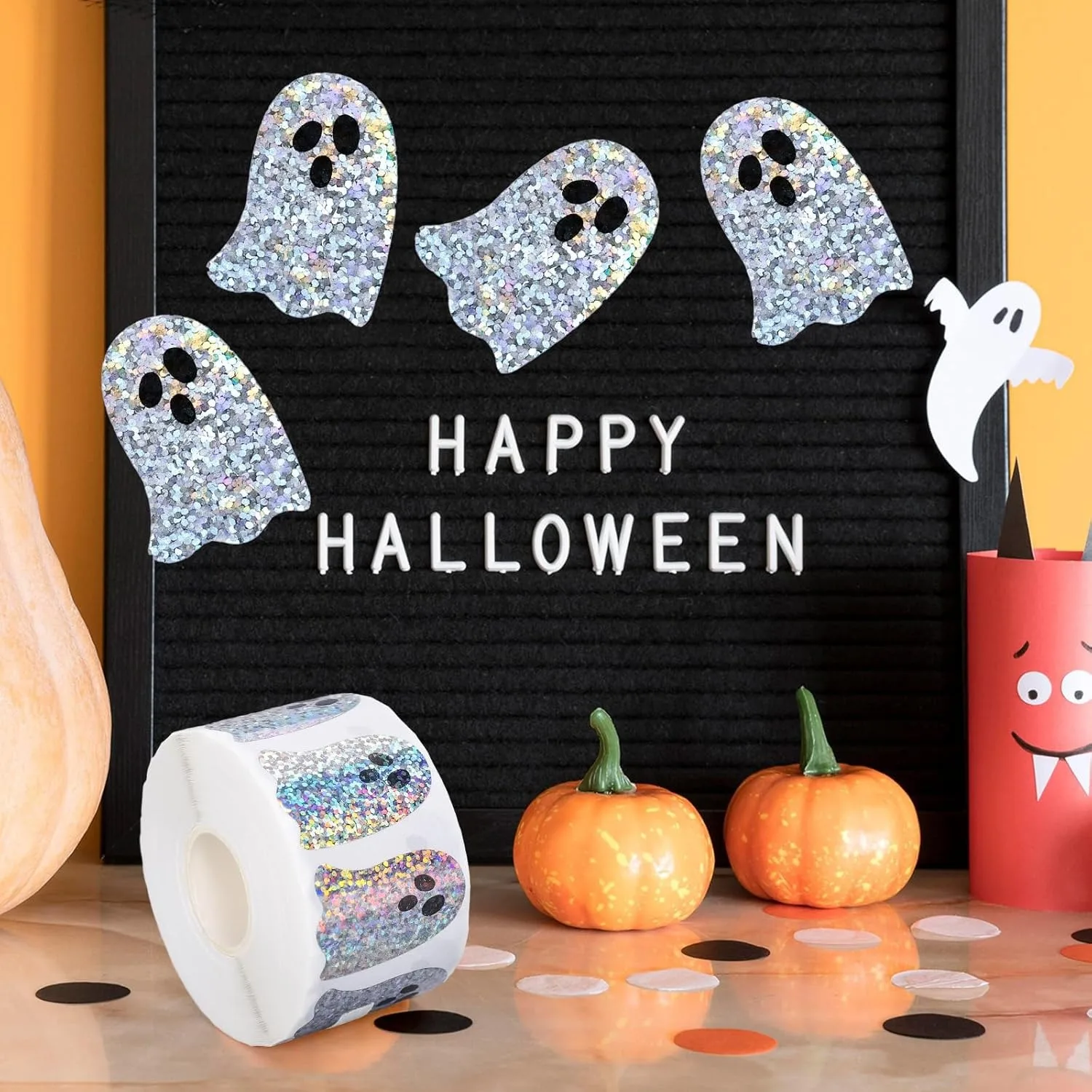 Adesivo impermeabile fai-da-te a forma di fantasma di Halloween Adesivo per atmosfera di festa di Halloween Busta Decor Etichetta adesiva per imballaggio Rotolo di adesivi fantasma glitterato