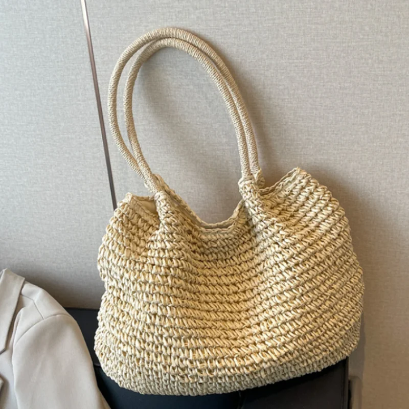 

Однотонная минималистичная плетеная сумка-тоут для женщин, новая вместительная винтажная сумка через плечо, женская летняя повседневная сумка