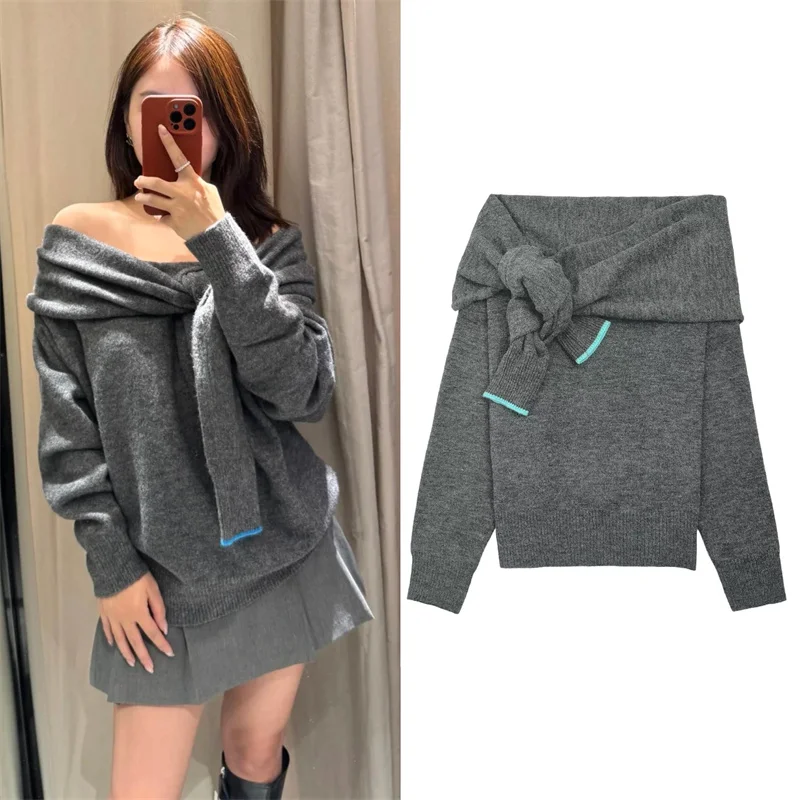 

Осенний новый свободный вязаный топ, повседневный свитер модного дизайна с асимметричным воротником-бабочкой и длинными рукавами с открытыми плечами