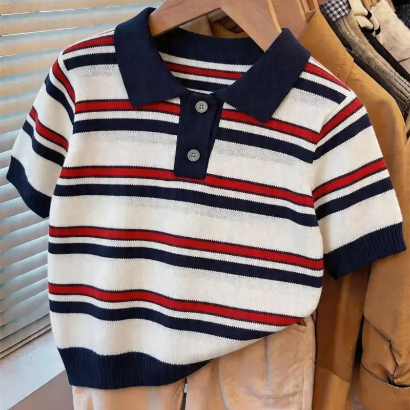 Boys Girls Color Block T-Shirt Top 2026 Summer New Kids Fashion Striped Knitted Polo Shirt Children Clothing