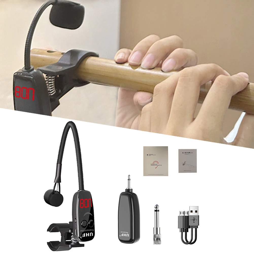 楽器マイク UHF ワイヤレスマイク 6.35mm アダプター 高精細 LED スクリーン 安定した楽器クランプ