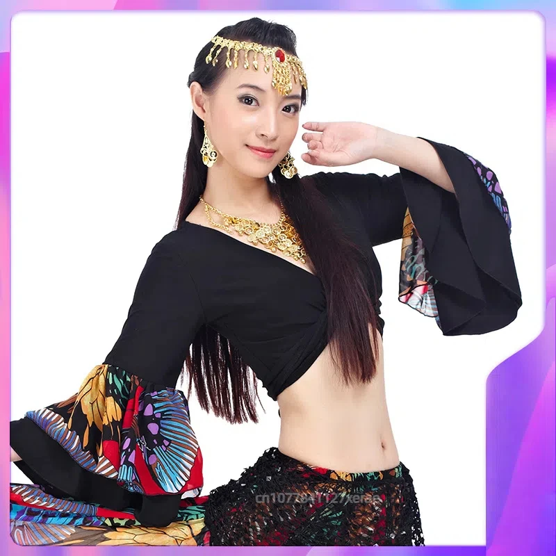 Conjunto de saia grande flor feminina para performance de dança do ventre, saia de dança do ventre de 720 graus, manga longa, conjunto de saia grande de balanço