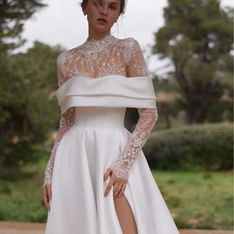 

Satin White Wedding Dresses off-shoulder A skirt decal vent Long tail long sleeves Bridal Gowns Made Customized