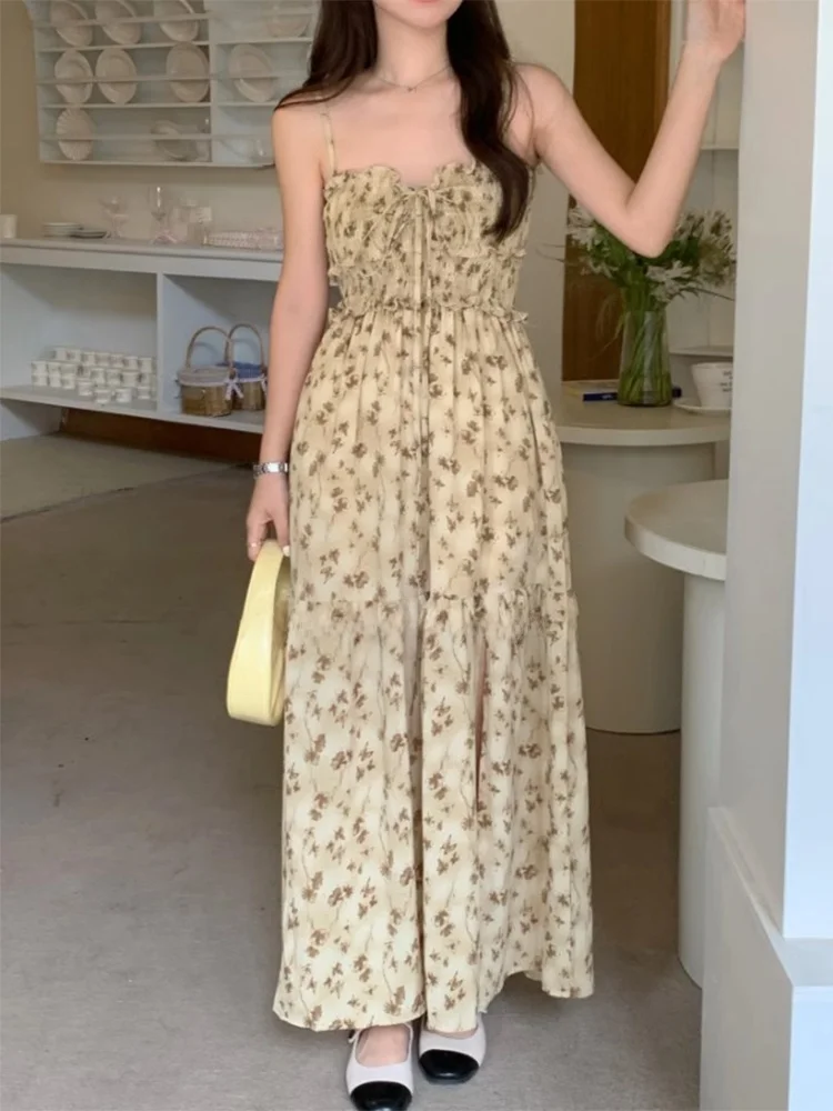فستان صيفي أنيق عتيق ذو ياقة مربعة للتخسيس مطبوع عليه زهور فستان نسائي طويل بخصر عالٍ على الطراز الكوري