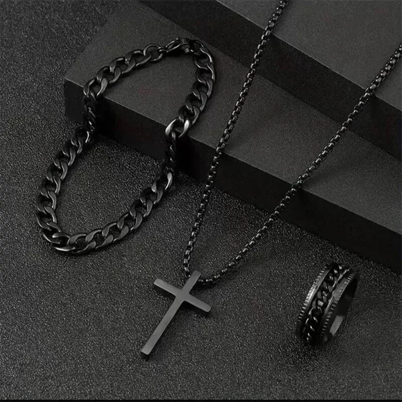 Classic Luxury 3 Piece Men's Fashion Personalised Simple Hip Hop Cross Pendant Necklace Ring Bracelet Set Accessories Men's Gift