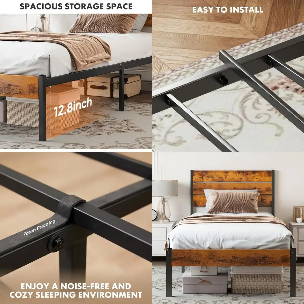 

Twin Size Metal Platform Bed - Mattress Foundation with Wooden Slats, No Box Spring Needed, Supports 700lbs, Noise-Free, Easy As