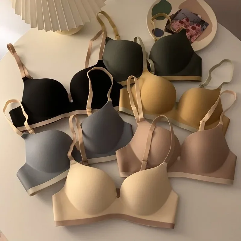 Seamless Contrasting Color Bras for Women Lingerie Push Up Gathering Bralette Smooth Skin Friendly Wireless Underwear Intimates