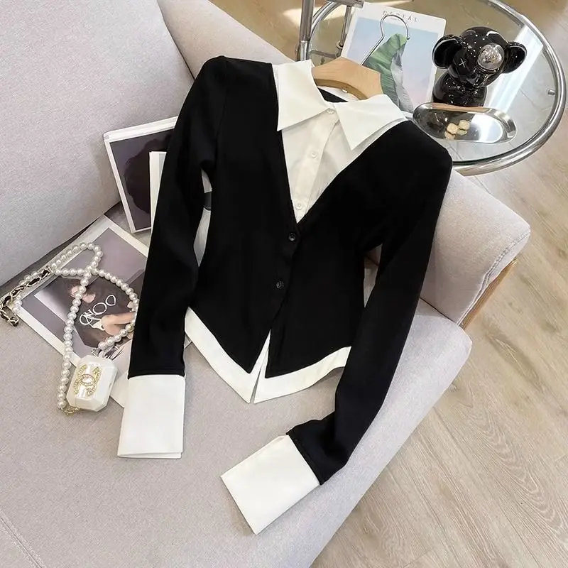 Korean Fake Two Pieces Autumn Winter New Women's Polo-Neck Button Spliced Fashion Slim Waist Unique Long Sleeve Blouse Shirt