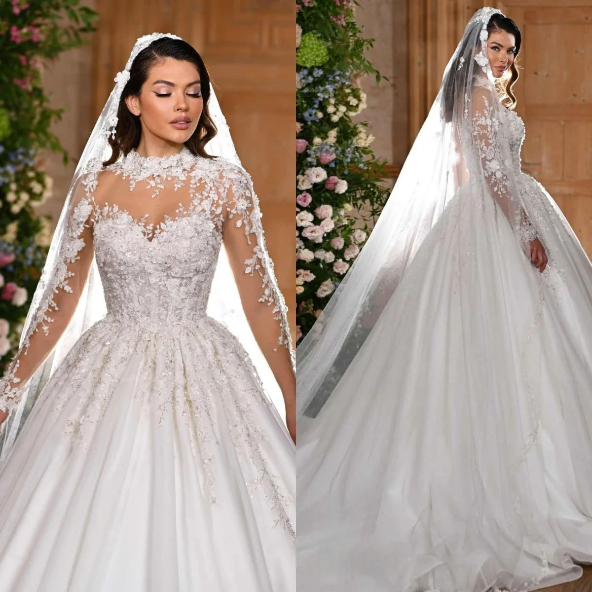 Vestido De Novia blanco personalizado con lentejuelas y cuello redondo, Vestido De Novia Formal De manga larga De lujo para fiesta De Novia, alta calidad