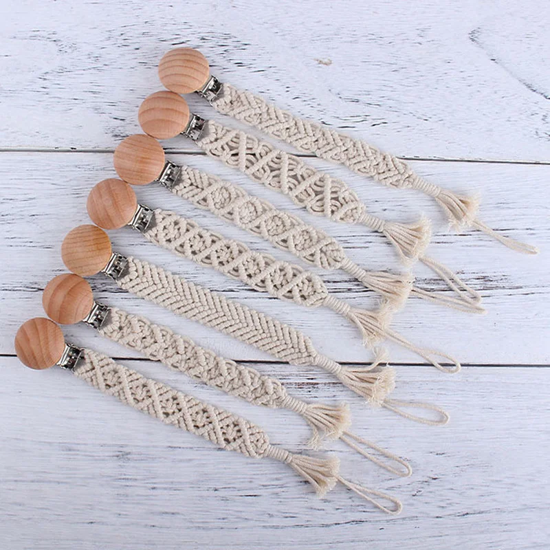 Vintage Crochet Baby Pacifier Clip Chain Woven Cotton Rope Handmade Beech Wood DIY Dummy Nipple Holder Pacifier Chain BPA-free