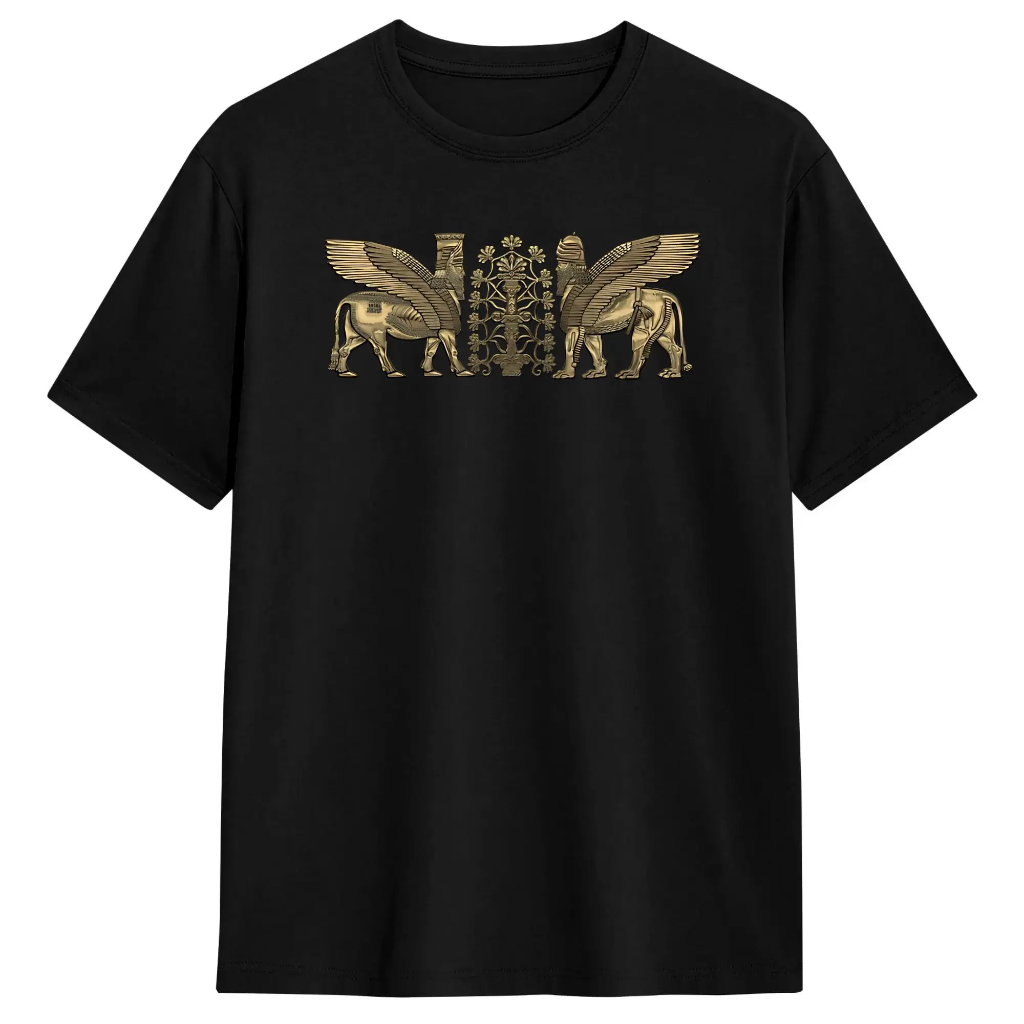 Gold Assyrian Winged Lion And Winged Bull Lumasi With Tree Of Life Over Black Canvas T Shirt Summer T Shirts Man Cotton Clothing