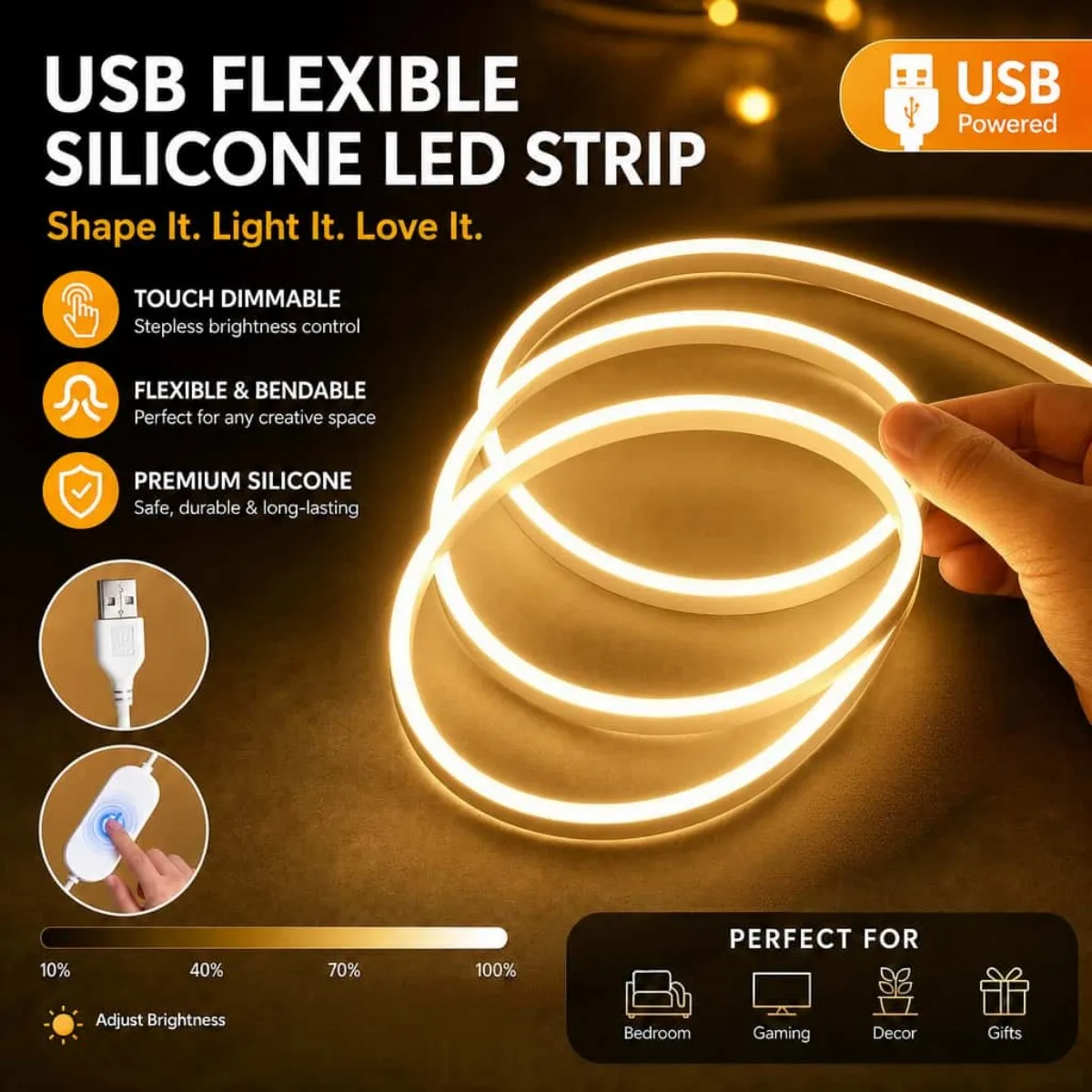 USB Flexible Silicone LED Strip Light DC5V  Touch Dimming Indoor Outdoor Bedroom TV Background Decorative Lighting