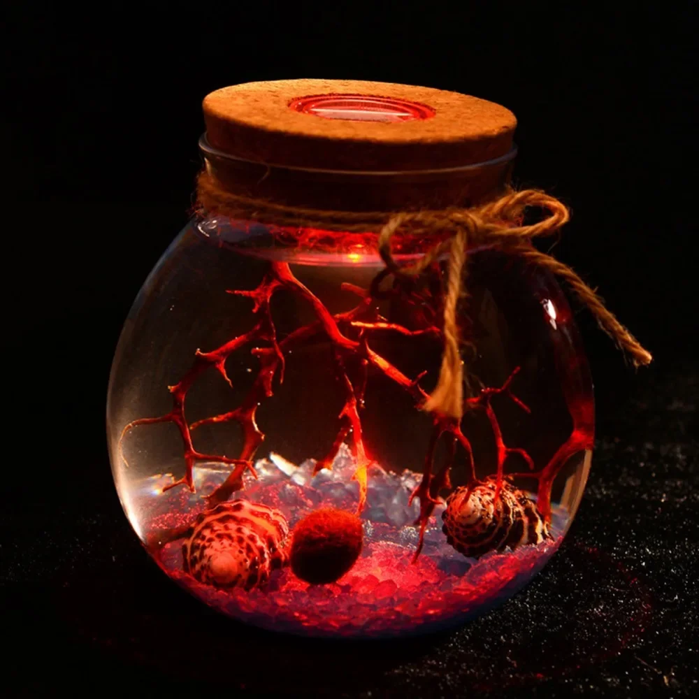 11 CM Round Glass Jar Terrarium with Colorful LED Light Cork Micro Landscape Ecological Bottle Night Lights