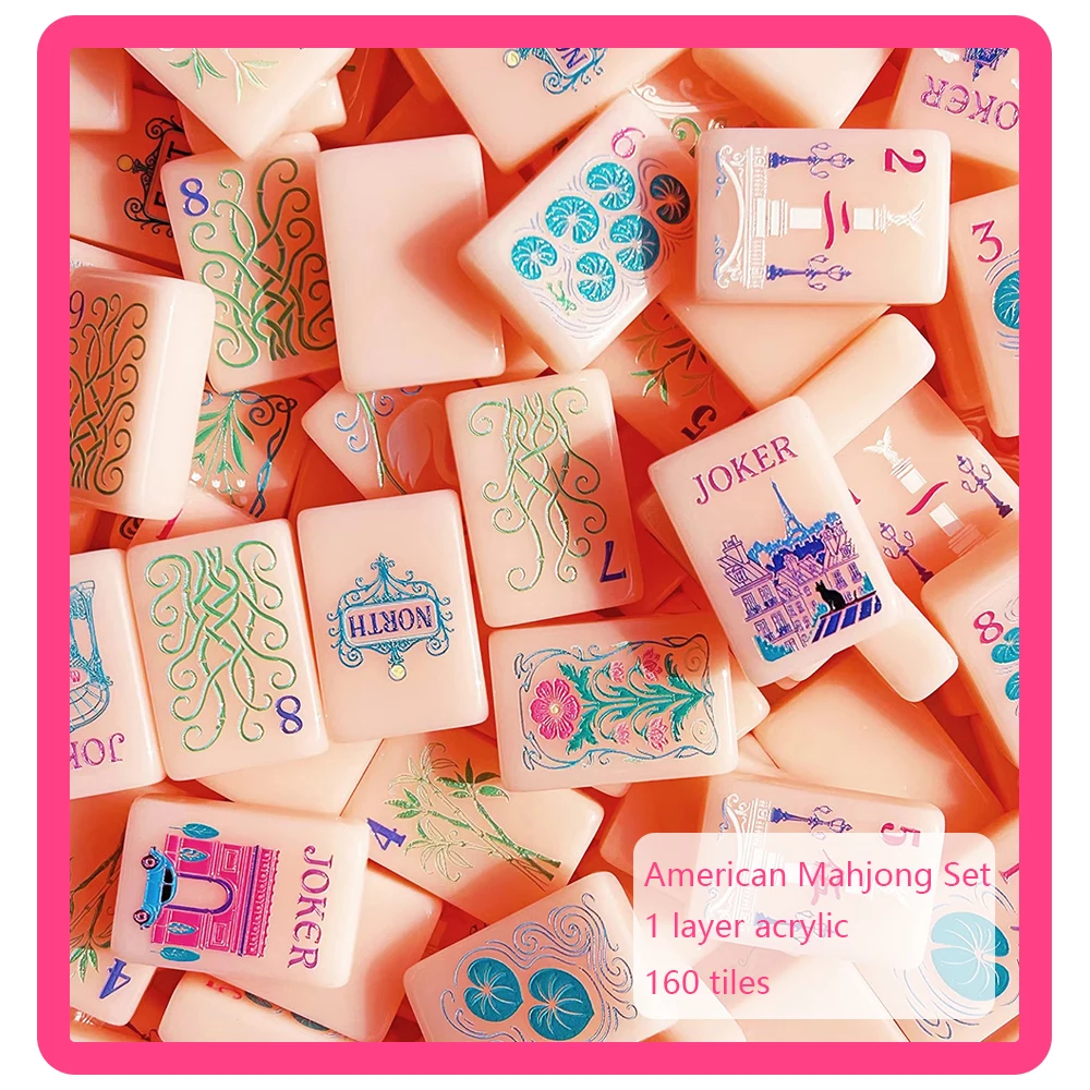 American Mahjong Set Single Layer Acrylic Mini Pink 160 Mahjong Game Tiles Portable Travel MahJong for Leisure Family Party Gift
