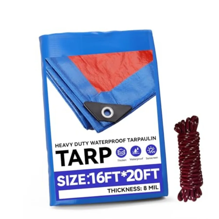 

16x20FT Heavy Duty Blue/Orange Tarpaulin, 8Mil Waterproof UV Resistant Tarp with Grommets, Multipurpose Protective Cover for Ou