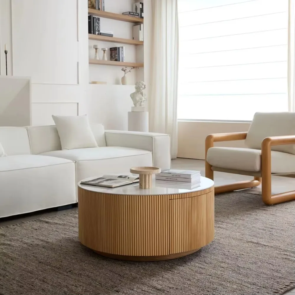 Voxhome Modern Round Marble Carved Veneered Coffee Table Elegant Wooden Design With Panel Wood Style Home Furniture