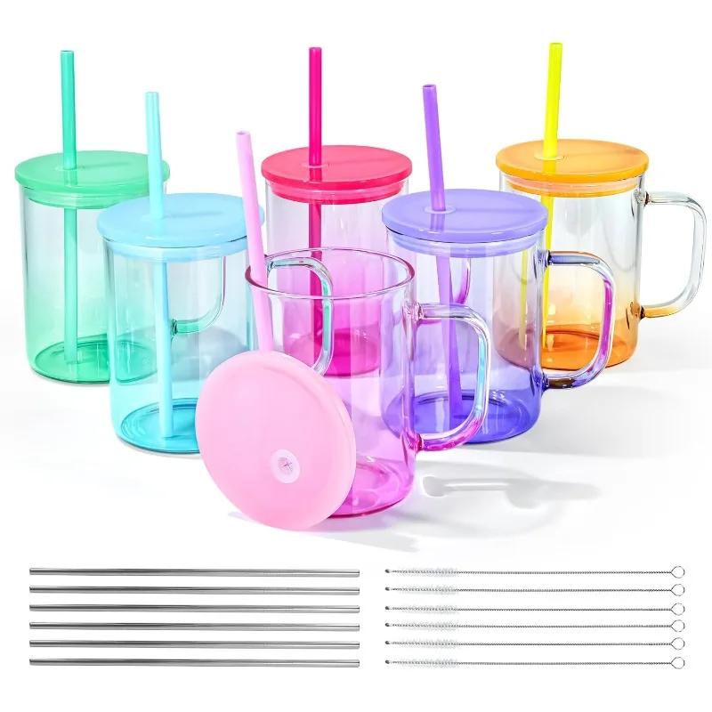 

6 Pack Sublimation Glass Blanks with Colorful Lid and Straw, 16oz Gradient Colorful Glass Sublimation Beer Can with Handle