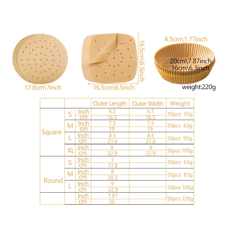 50Pcs Air Fryer Paper Special For Baking Kitchen Food Oil-proof Double-sided Silicone Oil Paper Non-Stick Steamer Pad Mat