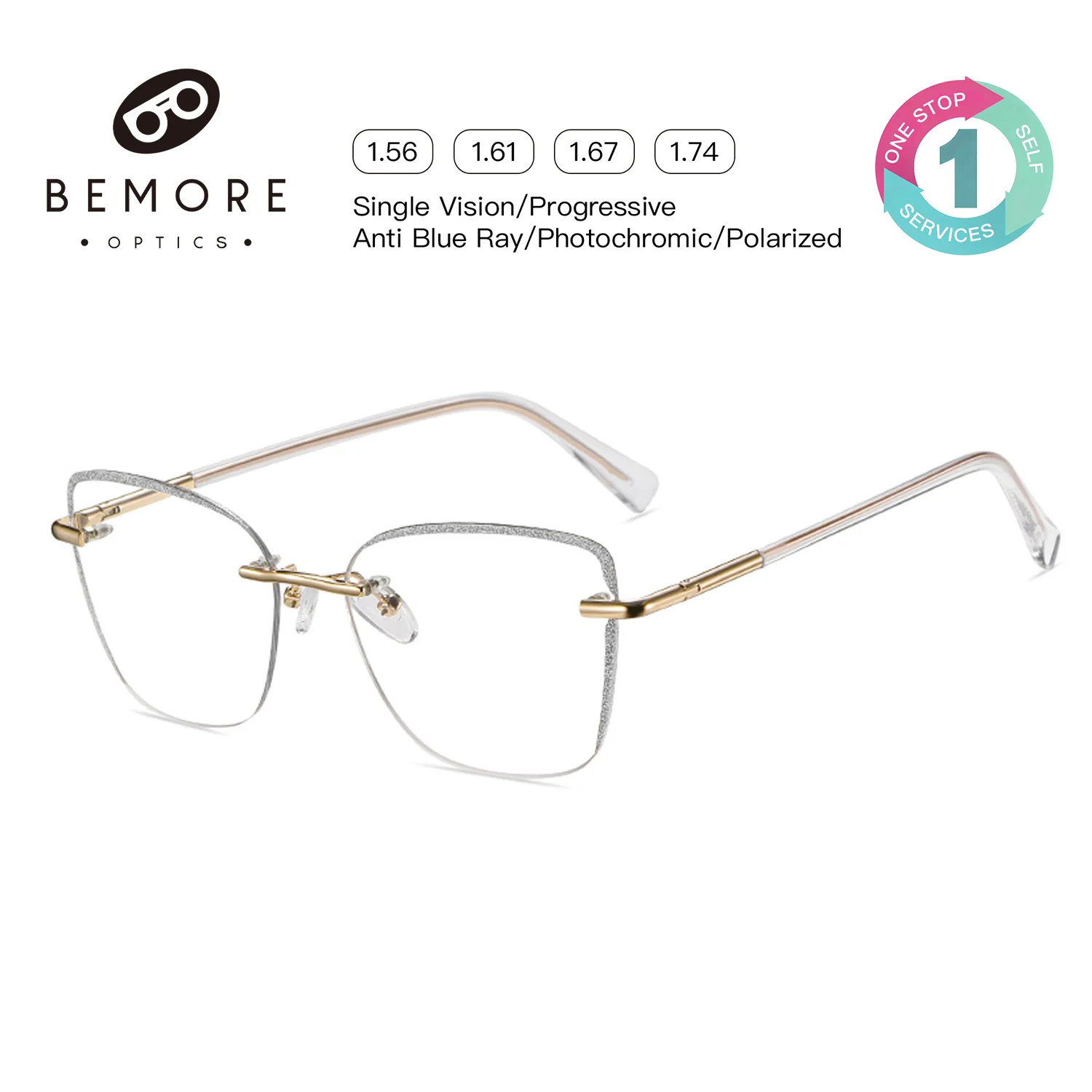 BEMORE Rimless Butterfly Anti-Blue Light Woman Presbyopia Myopic Reading Computer Eyewear Be Customizable Prescription