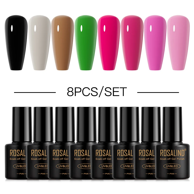 

ROSALIND Gel Nail Polish Set Nail Lacquers Pure Colors Semi Permanent Base Top Coat UV Nail Enhancement Nail Art Design 2/8pcs