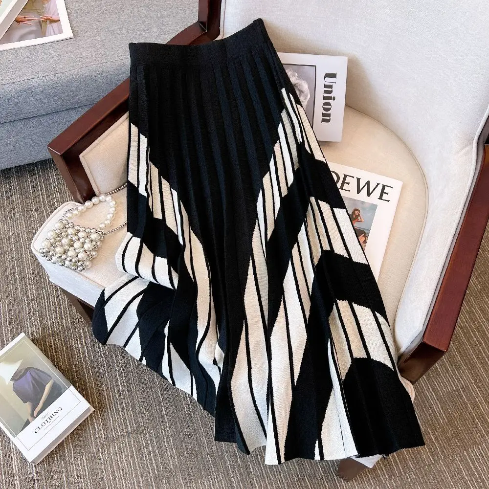 Women Pleated Color Blocked Knitted Pleated Skirt Faldas Mujer Long Юбка Юбки Y2k Skirt Vintage Jupe Harajuku