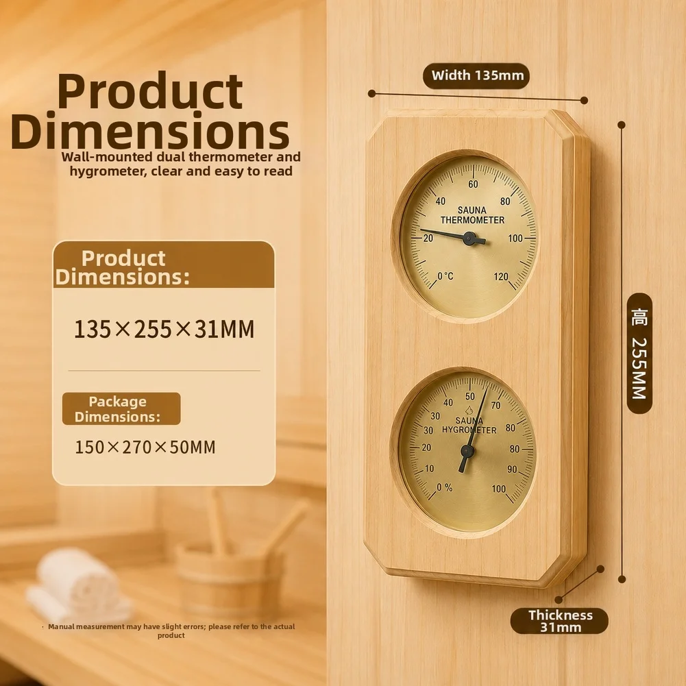 Wall Mounted Wooden Sauna Thermometer Hygrometer for Steam Room Pine Frame Dual Display 0-120 C 0-100 RH Gauge