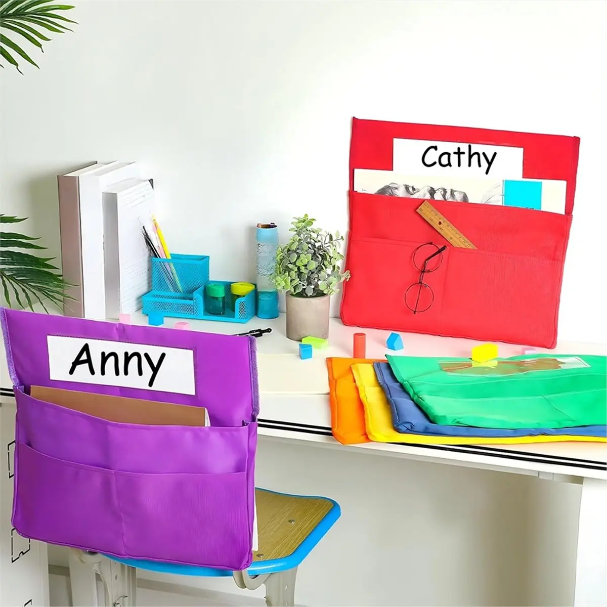 Chairback Pockets for Classroom, 2 Large Pockets Seat Storage Organizers with Name Tags for School Supplies 6 Pcs