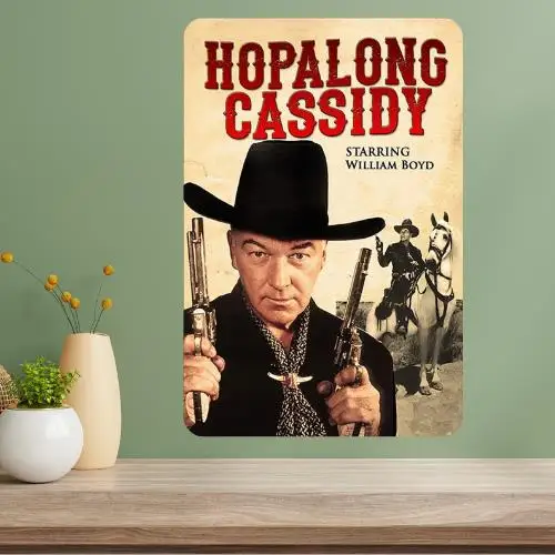 Letrero metálico con diseño de programa de televisión clásico de Hopalong Cassidy