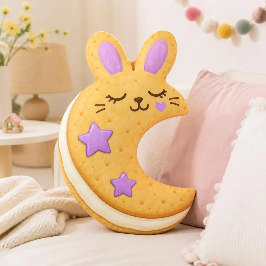 Cute Bunny Moon Cookie Dessert Plush Pillow Shaped Stuffed Cushion Sweet Treat Throw Pillow for Sofa Bedroom Home Decor Gift