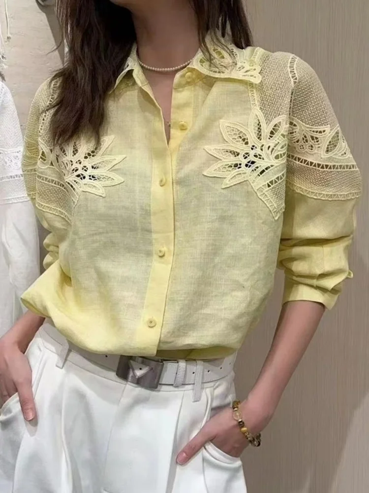 

Women's Linen Embroidered Hollow out irt Summer 2025 Loose Slimming Design Breathable Commute irt French Sle Slim Fit