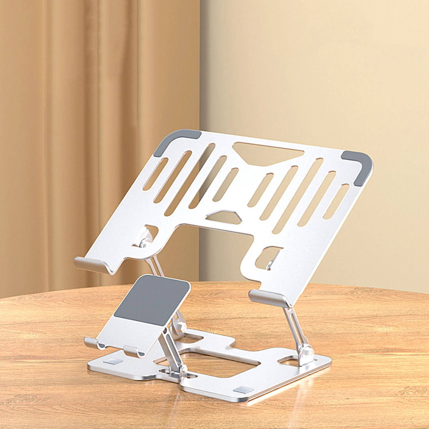 حامل متعدد الوظائف مع حامل كمبيوتر محمول قابل للطي يعزز التهوية وقابل للتعديل مع حامل هاتف قابل للتعديل لمنازل المكاتب