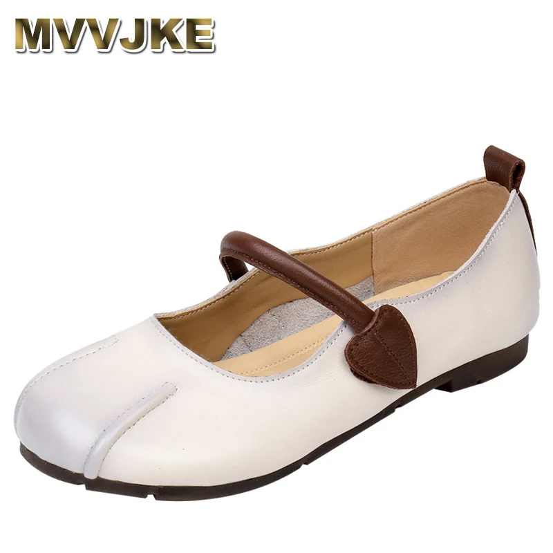 

Retro Ethnic Genuine Leather Mom Autumn Women Soft Soled Flat Round Toe Shallow Hook Slip on Big Size Shoes