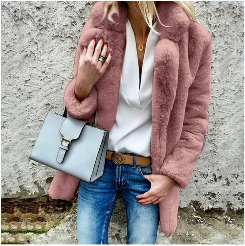 Faux Fur Coat Winter Solid Fashion Loose Outerwear Women Luxury Long Sleeve Warm Thick Fluffy Jackets Coats Female Cardigan New