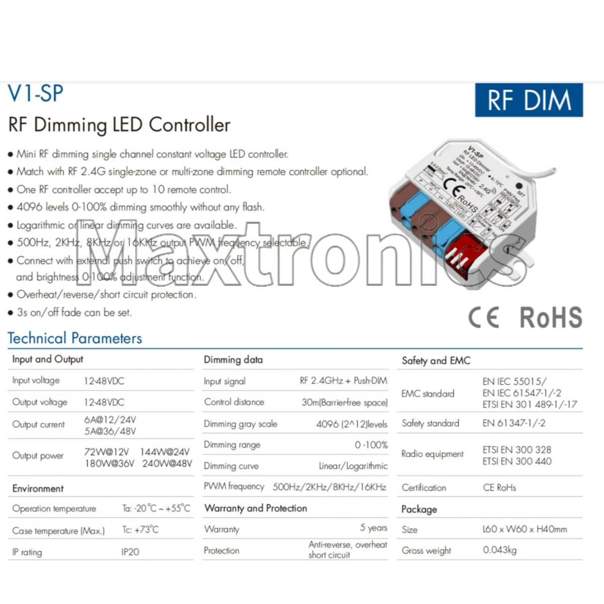 NEW V1-SP/ RV1 RF Mini LED Dimmer Dimming LED Controller 3s Fade Mode RF 2.4G Remote 1CH*6A 12-48VDC Push Switch Dimming Funtion