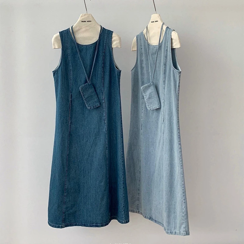 Kamizelka Sukienki dla kobiet Denim Długa sukienka Okrągły kołnierz Bez rękawów Distressed Vintage Vestidos 2025 Kobieta Streetwear A Line