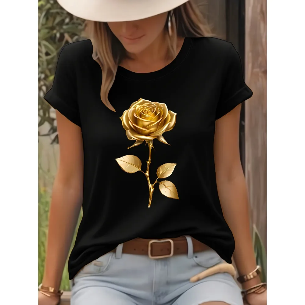 Geometric Print Short Sleeve Crew Neck Casual Top Golden Rose Print T-Shirt  Design in Vibrant Colors Abstract Floral Design