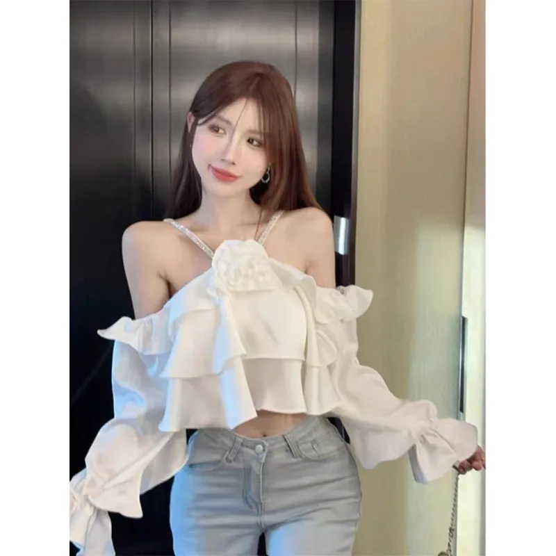 French Sweet Niche Three-dimensional Neck Brick Chain Design Sense Chic Suspender Long Sleeve Off-the-shoulder Shirt Top Women's