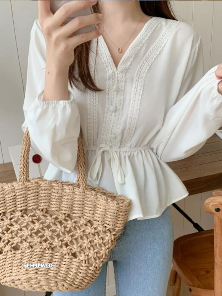 Fall Slim Waist Peplum Top Hot Sales Woman Korea Japan Preppy Style Girls V Neck Cute Sweet Button Shirt Blouse White Black 8806