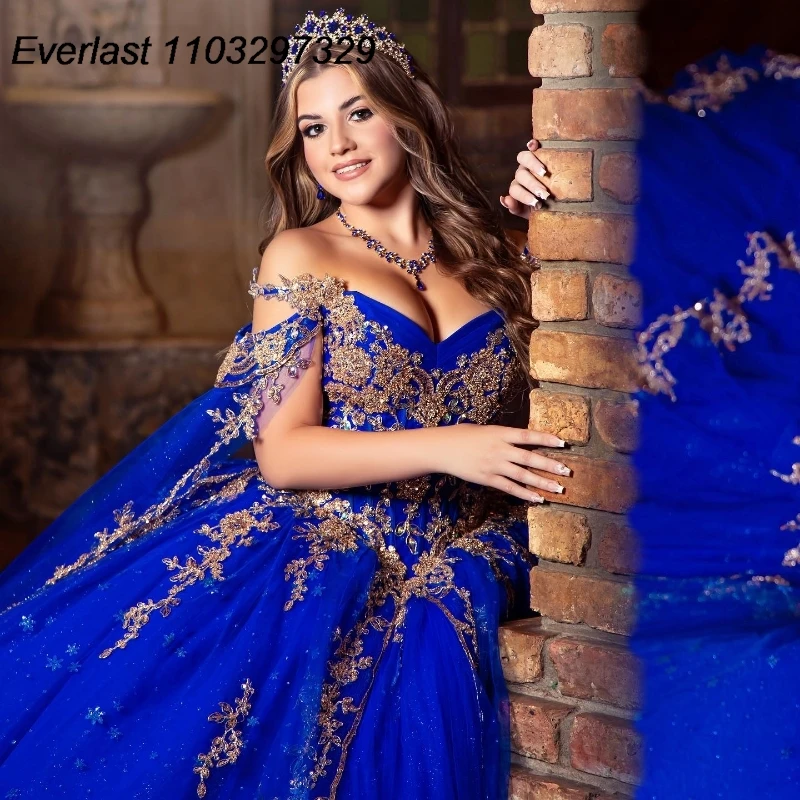 EVLAST Customized Royal Blue Quinceanera Dress Ball Gown Gold Lace Applique Beaded With Cape Sweet 16 Vestidos De 15 Años TQD883