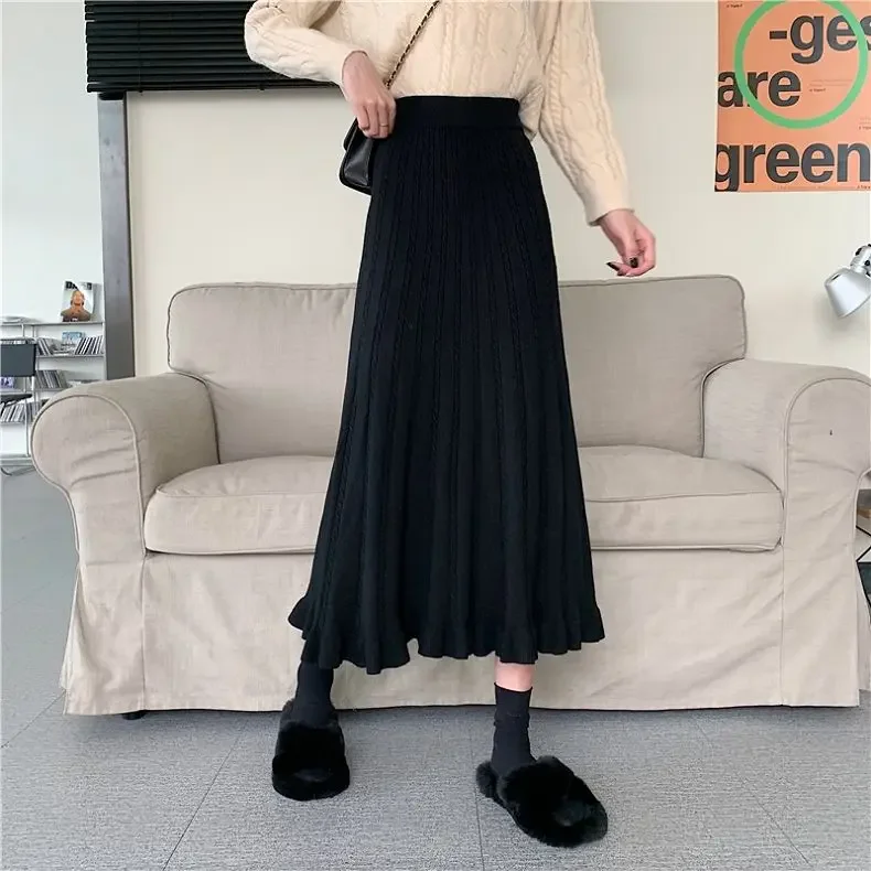 2024 Ruffles Skirt Twist Knitted Skirt Women's New Autumn Winter High Waist Pendant Slim Fitting Mid Length Pleated Skirt LJ146