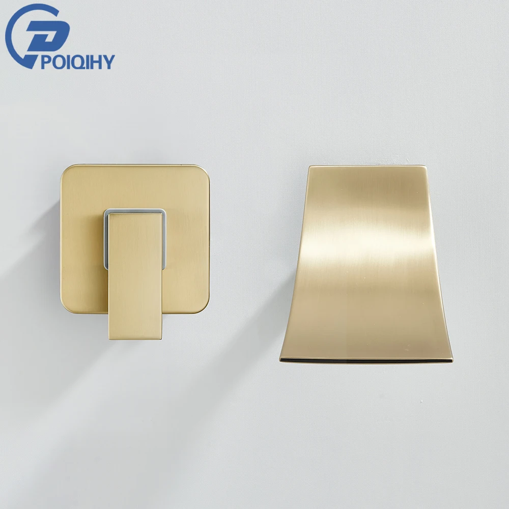 

POIQIHY Brushed Golden Basin Faucet Single Handle Bathroom Basin Sink Tap Waterfall Spout Bath Faucet Concealed Shower Valve