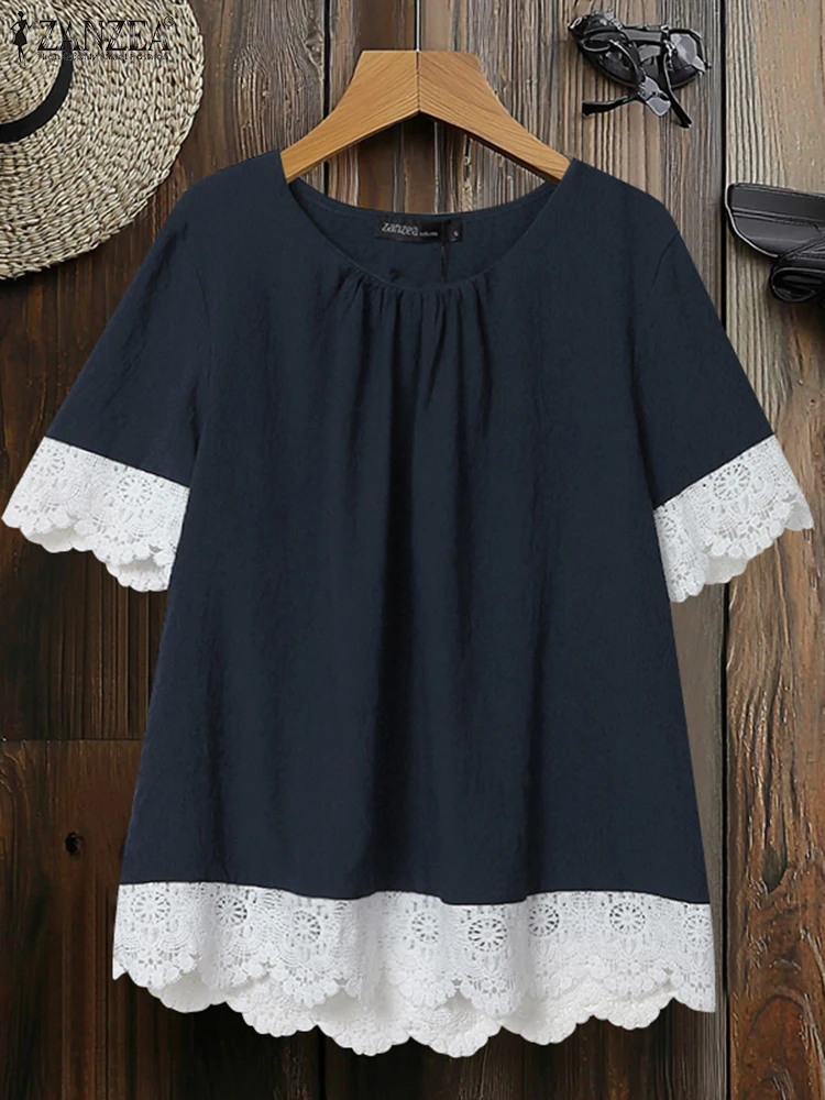 ZANZEA Lace Trim Loose Casual Blouses Women Short Sleeve Crinkled Fabric Korean Fashion Smock Tops O Neck Elegant Blusas Mujer