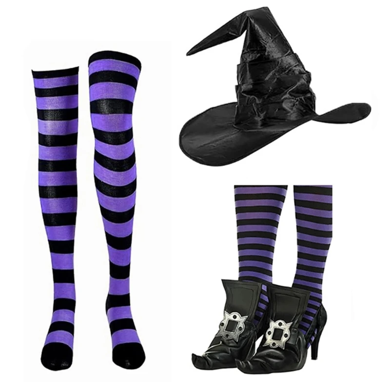 Witch Hat Witch Shoe Cover Striped Stockings Set for Girl Women Cosplay Party