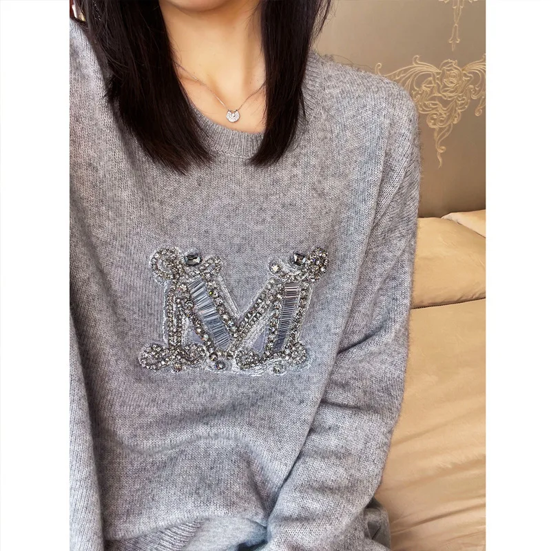 Cashmere Women\'s Sweater Warm Casual Autumn And Winter Loose Knitted Pullover Top Beading Luxury Letters Soft Knitwear F957