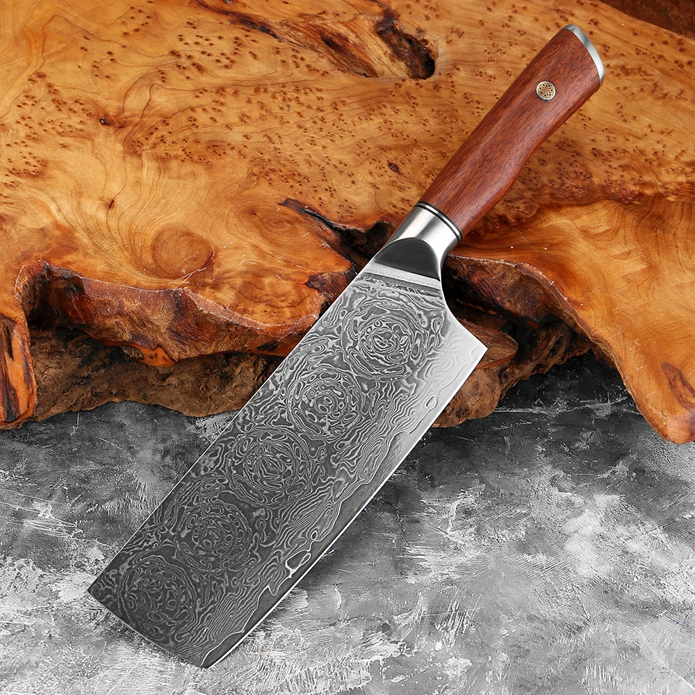 

7 Inch Nakiri Knife,Rosewood Handle Professional Japanese Kitchen Knives Damascus Steel Sharp,Cleaver Meat and Vegetable Knife