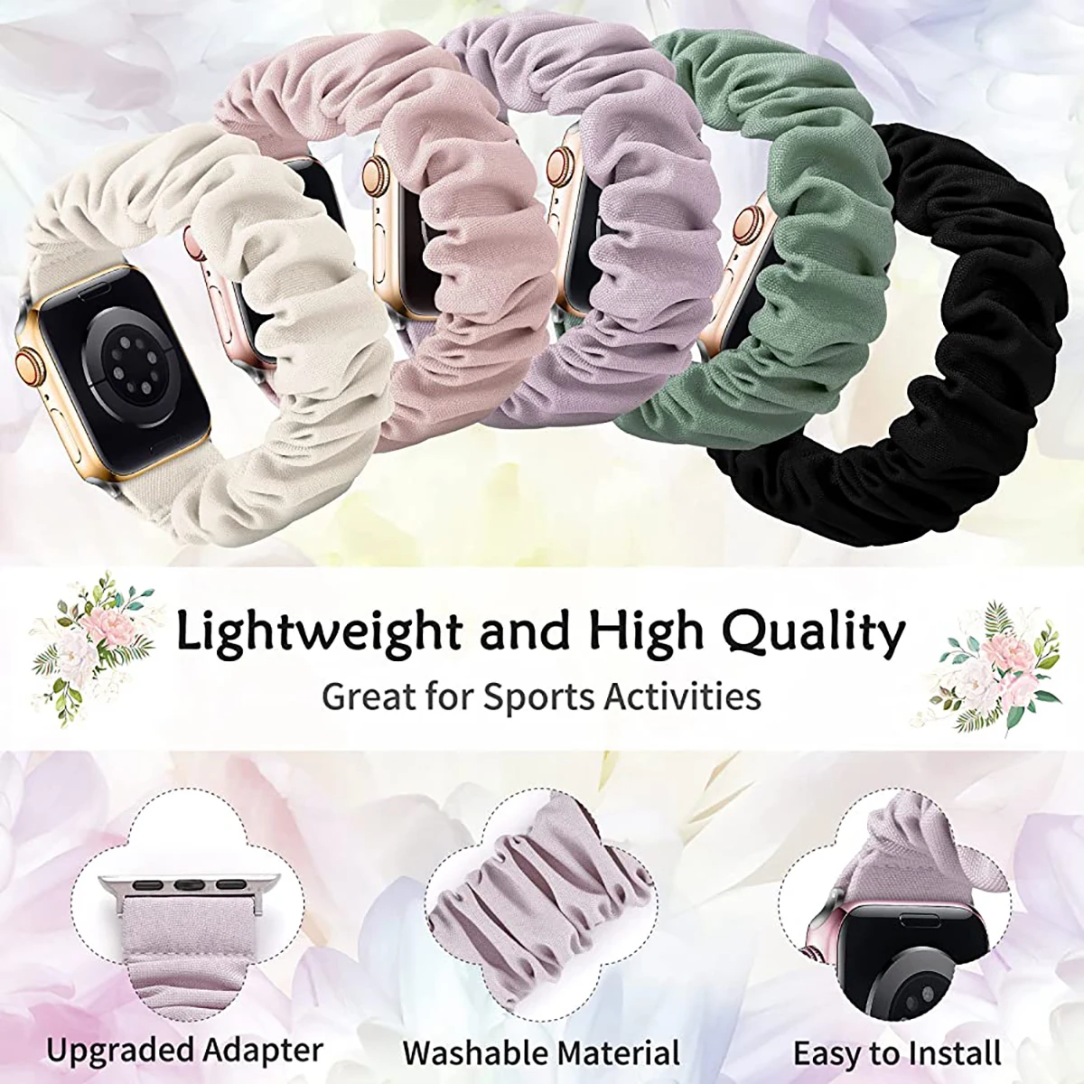 5 Pack Scrunchie Compatible for Apple Watch Band 38mm 40mm 41mm,Soft Cute Printed Elastic Cloth for iWatch  8 7 6 5 4 3 2 1 SE
