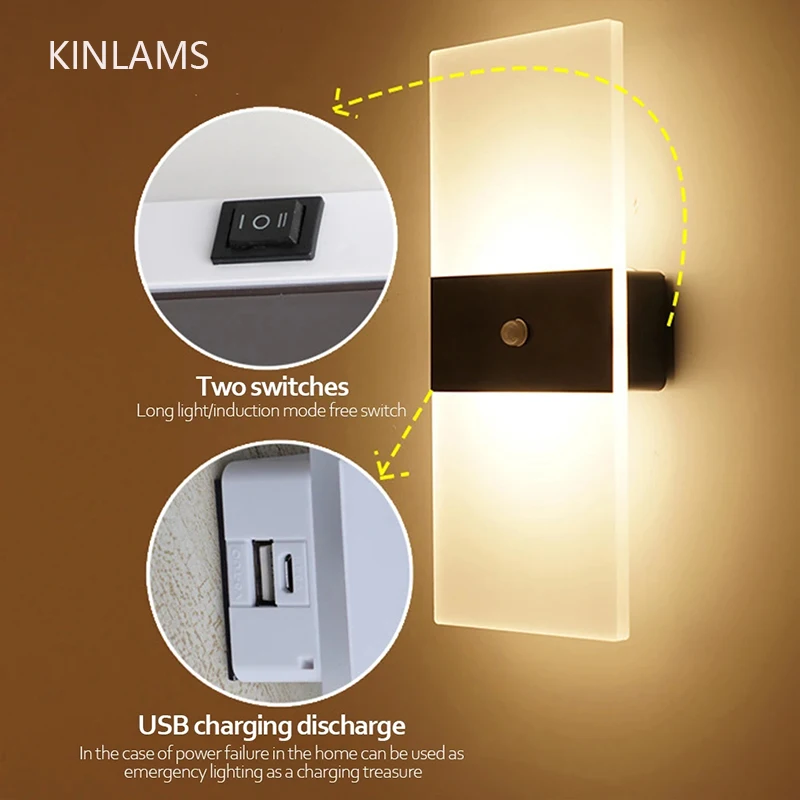 USB Sconce Rechargeable Wireless Wall Lamp Bedside Table Battery Lamp Indoor Fixture Wall Light Sconce Indoor Motion Sensor