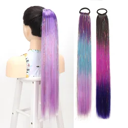 Extensão de rabo de cavalo sintético, enfeites de cabelo brilhantes e brilhantes com faixas de borracha, rabo de cavalo colorido arco-íris para meninas, crianças e mulheres