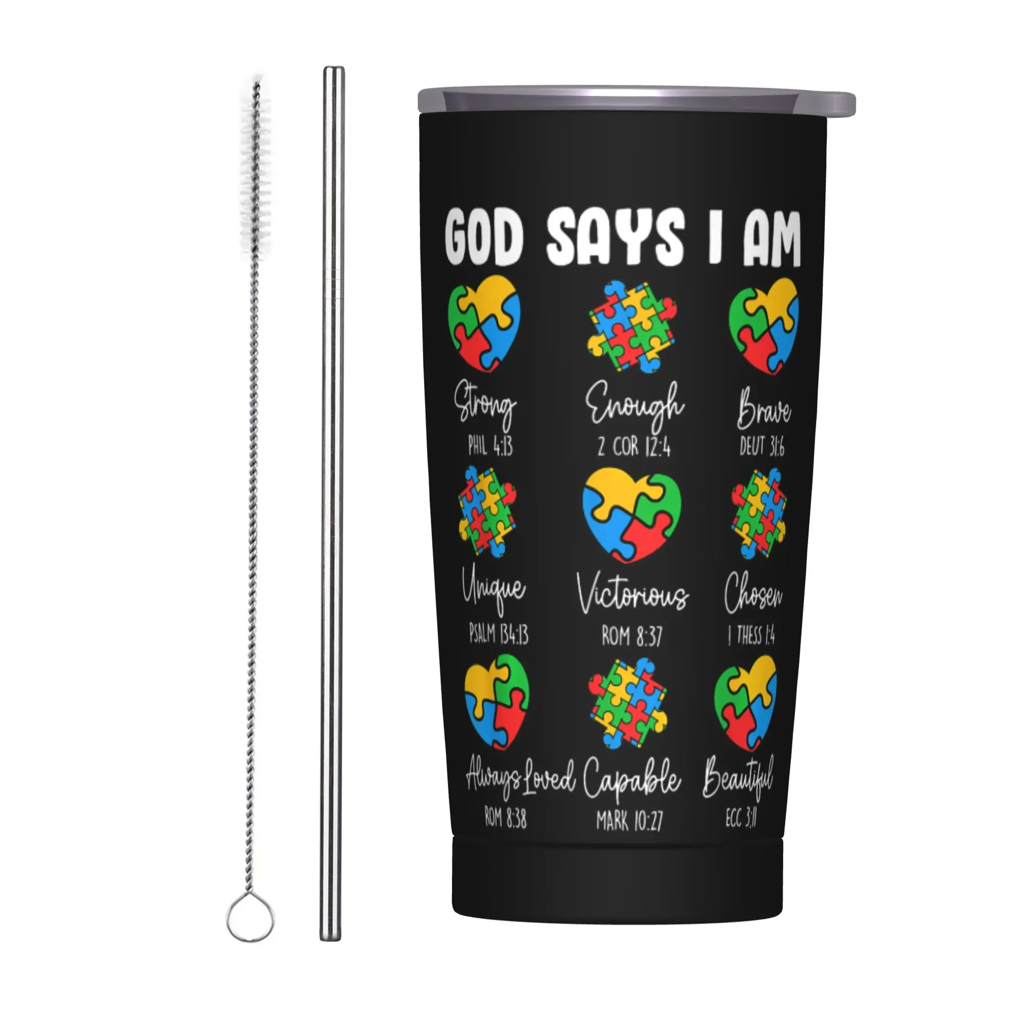 Stainless Steel Tumbler I Am Autism Awareness Christian Bible Verse Thermal Mug Hot Drinks Mugs Cup Driving Water Bottle
